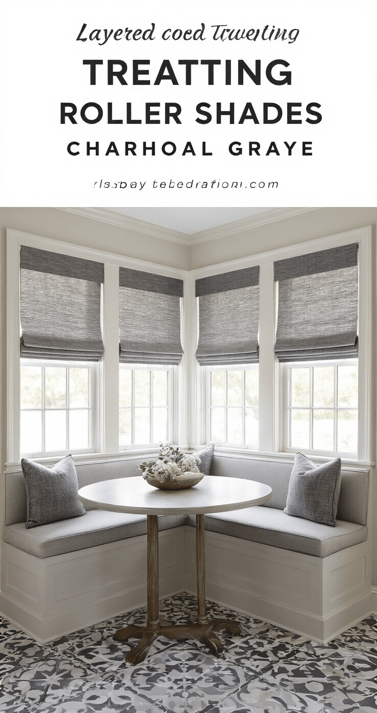 A corner kitchen nook featuring sheer white panels behind charcoal gray roller shades, illuminated by soft morning light. The space includes a built-in banquette, a gallery wall, mixed metallic finishes, and patterned tile flooring, all presented in a sophisticated neutral palette with a focus on window styling details.