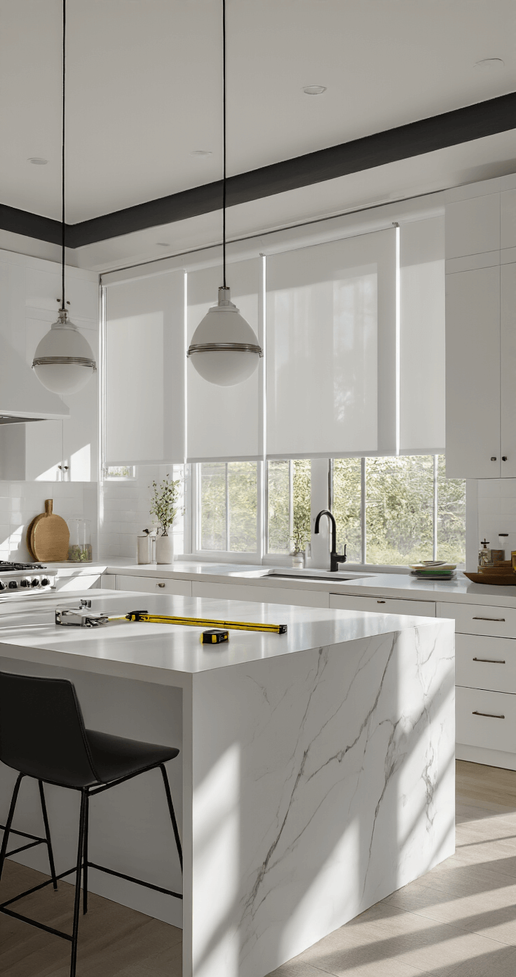 A professional installation scene featuring a measuring tape and level, as a worker installs white adjustable roller shades in a clean contemporary kitchen with a waterfall island and pendant lighting, showcasing a crisp white and black palette and minimal styling.