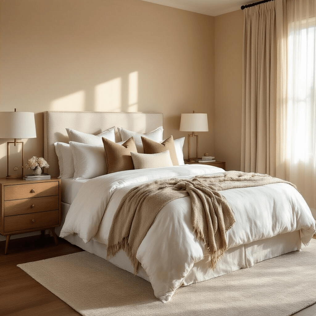 Ultimate Guest Bedroom Ideas: Creating a Welcoming Retreat for Your Visitors Photorealistic guest bedroom featuring soft beige walls, an earth tone accent wall, plush white bedding with cream and taupe throw pillows, a luxurious throw blanket, and mid-century modern nightstands, all bathed in warm golden hour light.