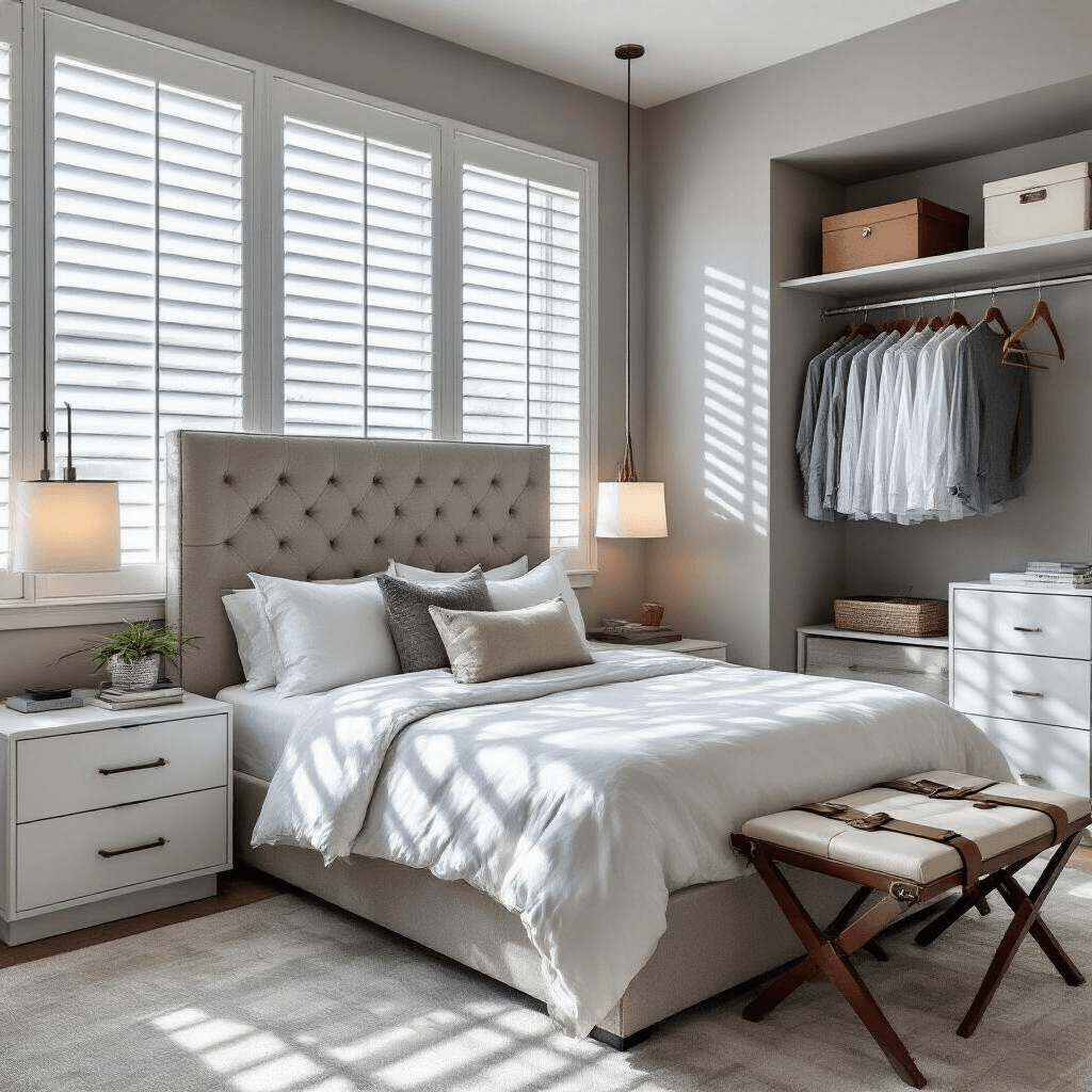 Ultimate Guest Bedroom Ideas: Creating a Welcoming Retreat for Your Visitors Smart storage guest bedroom featuring sleek nightstands with drawers, an elegant luggage rack, built-in shelving with decorative boxes, and a queen bed with a tufted headboard, all illuminated by afternoon light through plantation shutters. The room showcases a clean minimalist aesthetic in dove gray and white, with organized closet and wall-mounted shelves.