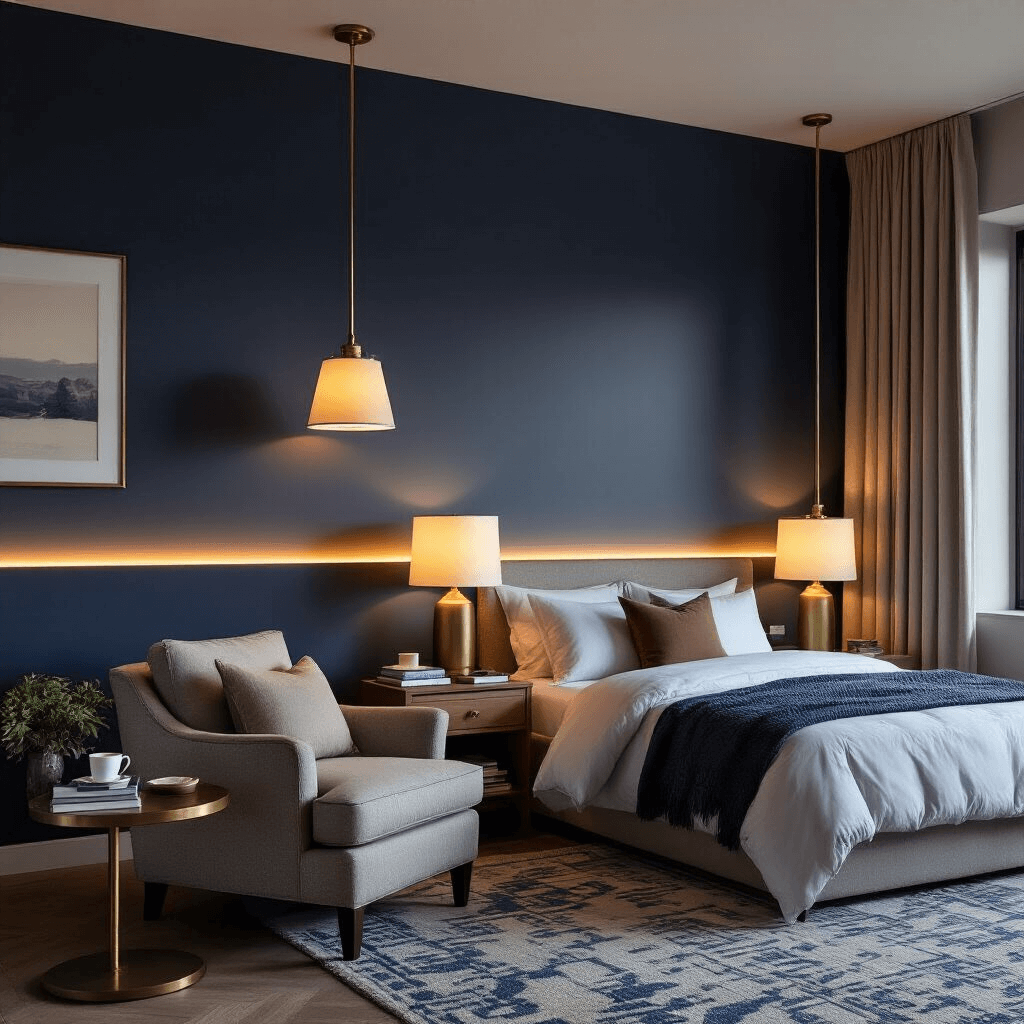 Ultimate Guest Bedroom Ideas: Creating a Welcoming Retreat for Your Visitors Perfectly lit guest bedroom featuring layered lighting with soft bedside lamps, dimmable pendant lights, and ambient LED strips, showcasing a cozy reading nook, rich navy accent wall, and luxurious decor for an intimate atmosphere.