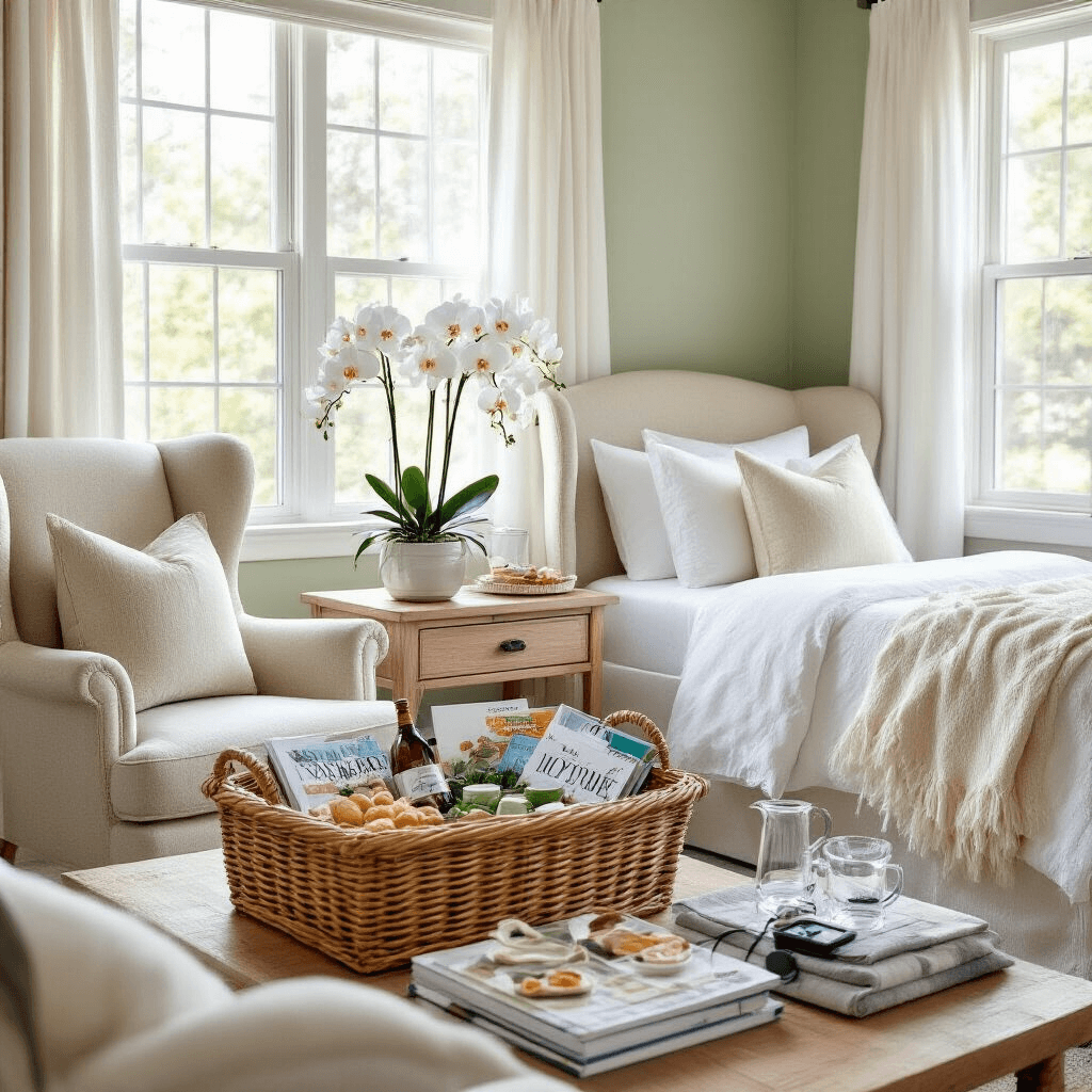 Ultimate Guest Bedroom Ideas: Creating a Welcoming Retreat for Your Visitors Bright and inviting guest bedroom featuring fresh white orchids on the nightstand, a wicker welcome basket with local treats, and a charging station. Sunlight floods the space through large windows adorned with white curtains, highlighting the comfortable wingback chair, side table with a water carafe, and soft sage green walls. Natural wood furniture and layered textiles in whites and creams create an airy, spacious atmosphere focused on hospitality.