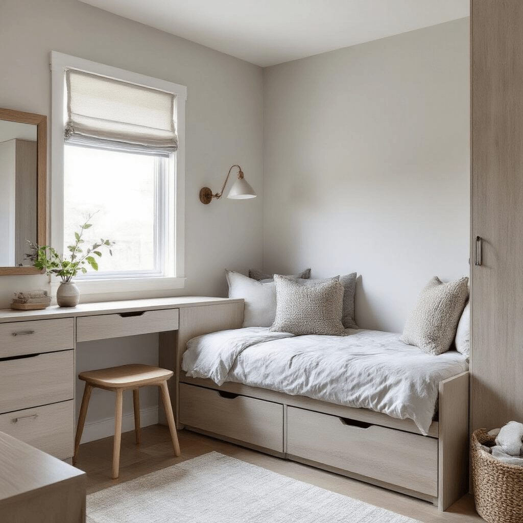 Ultimate Guest Bedroom Ideas: Creating a Welcoming Retreat for Your Visitors Compact guest bedroom featuring a multifunctional daybed with storage drawers, a wall-mounted fold-down desk, and raised-leg furniture for open floor space. Illuminated by afternoon light through a window with a light-filtering shade, the room boasts vertical storage, a floating nightstand, and a full-length mirror on the closet door. The light gray walls with white trim complement the natural wood-toned furniture and minimalist decor, creating a bright and airy atmosphere within a 10x10 layout.