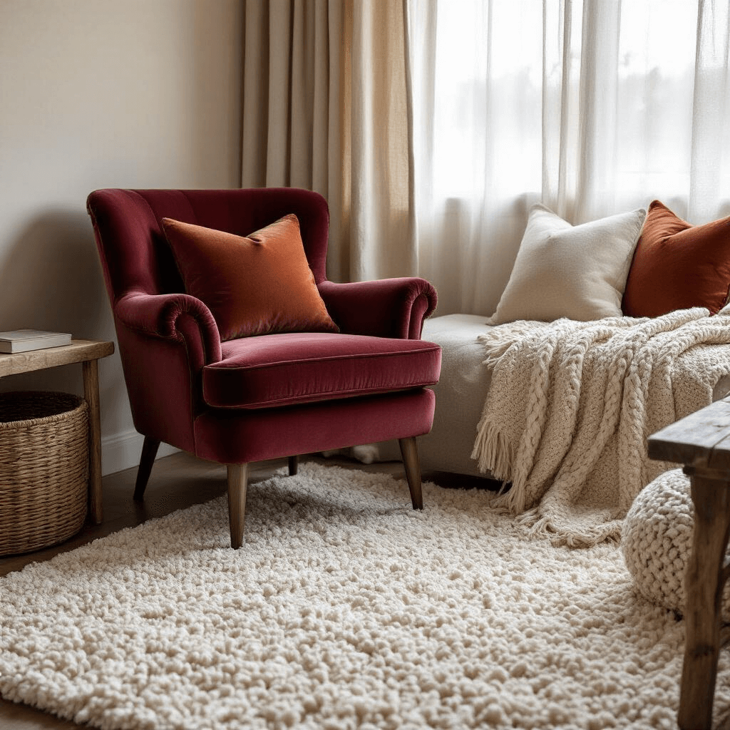 Bedroom Design Trends 2025: Creating Your Ultimate Sanctuary Close-up of a cozy bedroom corner featuring a plush ivory rug, velvet burgundy accent chair, a chunky cable-knit throw, and pillows in warm terracotta and cream, with natural linen curtains filtering soft light, a woven basket, and a reclaimed wood side table, all captured at eye-level to emphasize the texture and warm color palette.