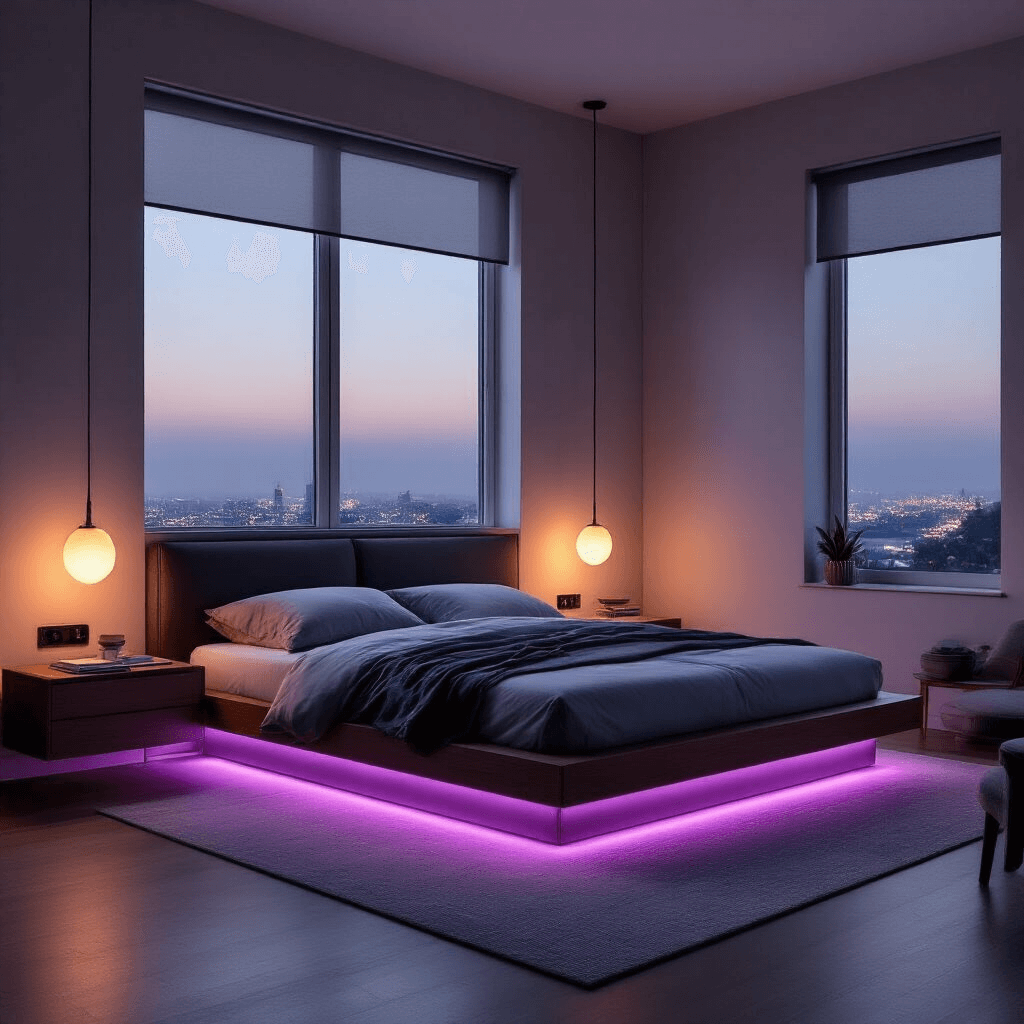 Bedroom Design Trends 2025: Creating Your Ultimate Sanctuary A modern bedroom at dusk featuring a sleek platform bed with wireless charging nightstands, purple ambient LED lighting, and smart home elements like hidden speakers and automated shades. The room showcases minimalist design with matte black and warm walnut furniture, highlighted by soft lighting from pendant lamps, creating a cozy, tech-integrated atmosphere.