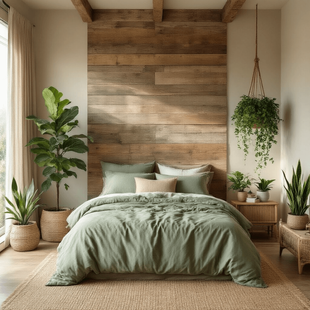 Bedroom Design Trends 2025: Creating Your Ultimate Sanctuary Medium shot of a biophilic bedroom featuring a reclaimed wood accent wall and sage green organic cotton bedding. The room is filled with plants, including a floor-standing fiddle leaf fig, hanging pothos, and bedside snake plants on natural wood stands. A jute area rug, linen curtains, and bamboo furniture enhance the earth-tone palette of forest greens, warm browns, and cream whites, creating a fresh, organic atmosphere connected to nature.
