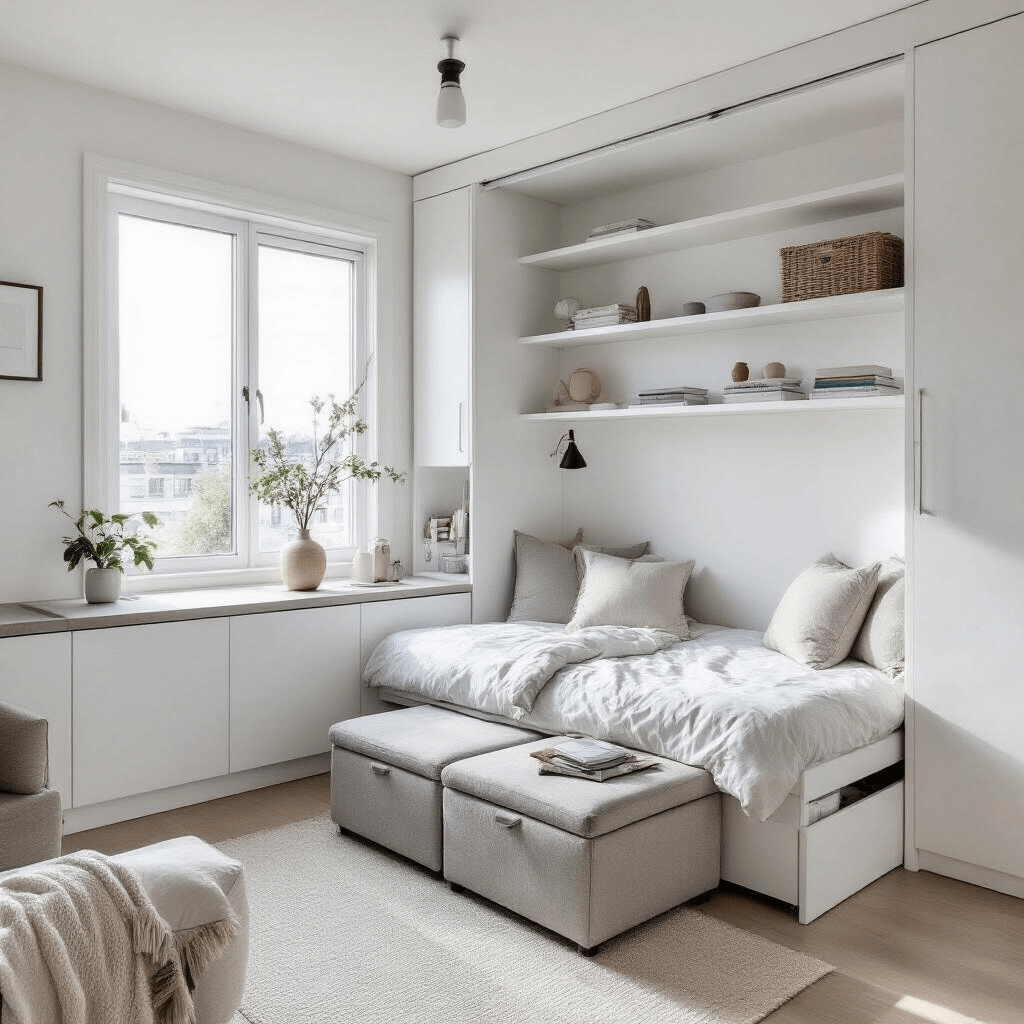 Bedroom Design Trends 2025: Creating Your Ultimate Sanctuary A small bedroom designed for maximum space efficiency features a partially visible Murphy bed, floating shelves with curated objects, and a multi-functional ottoman with hidden storage. The light color palette of whites and pale grays enhances the visual space, while strategic mirror placement reflects natural light. Scandinavian-inspired minimal furniture with clean lines creates an airy, uncluttered atmosphere, emphasizing vertical space and smart design solutions for compact living.