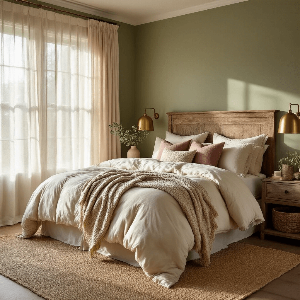 Creating a Cozy Bedroom Sanctuary: Your Ultimate Guide to Comfort and Calm Photorealistic master bedroom at golden hour with sunlight filtering through sheer linen curtains, featuring a luxurious king bed with a cream comforter, oatmeal throw, and textured pillows in taupe and dusty rose. A reclaimed wood headboard against a sage green accent wall complements warm brass bedside lamps and a jute area rug. Seagrass baskets and eucalyptus stems in a ceramic vase enhance the serene atmosphere.