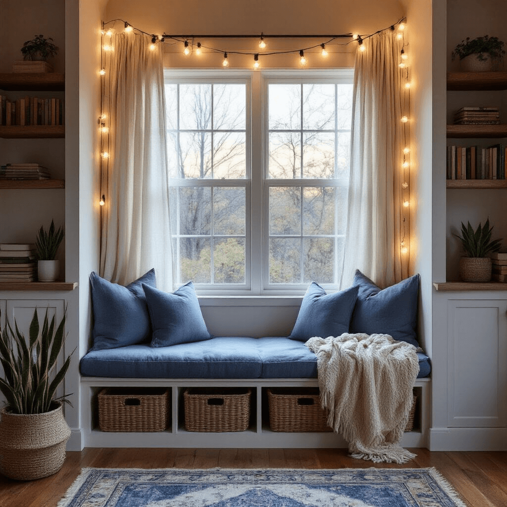 Creating a Cozy Bedroom Sanctuary: Your Ultimate Guide to Comfort and Calm A cozy bedroom reading nook at dusk featuring a built-in window seat with plush blue cushions, flowing linen curtains, warm Edison bulb string lights, and reclaimed wood shelves with books and potted snake plants, all set on hardwood floors with a vintage Persian rug.