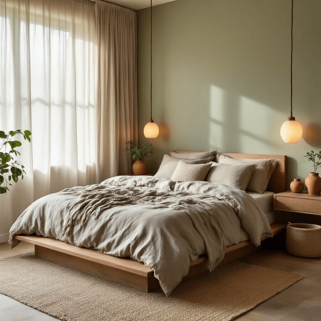 Creating a Cozy Bedroom Sanctuary: Your Ultimate Guide to Comfort and Calm Minimalist bedroom sanctuary with soft morning light filtering through gauze curtains, featuring a platform bed adorned with taupe organic cotton bedding, live-edge walnut nightstands, sage green shiplap accent wall, and natural decor elements like a jute rug and trailing pothos plants.