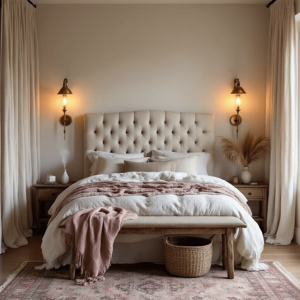Creating a Cozy Bedroom Sanctuary: Your Ultimate Guide to Comfort and Calm Cozy romantic bedroom with warm amber lighting, featuring a tufted cream headboard, layered bedding, and a dusty rose cashmere throw. A reclaimed wood bench and woven storage basket at the foot of the bed, flowing natural linen curtains, and a vintage Persian rug enhance the intimate atmosphere. An essential oil diffuser and dried pampas grass in a ceramic vase complete the peaceful sanctuary vibe.