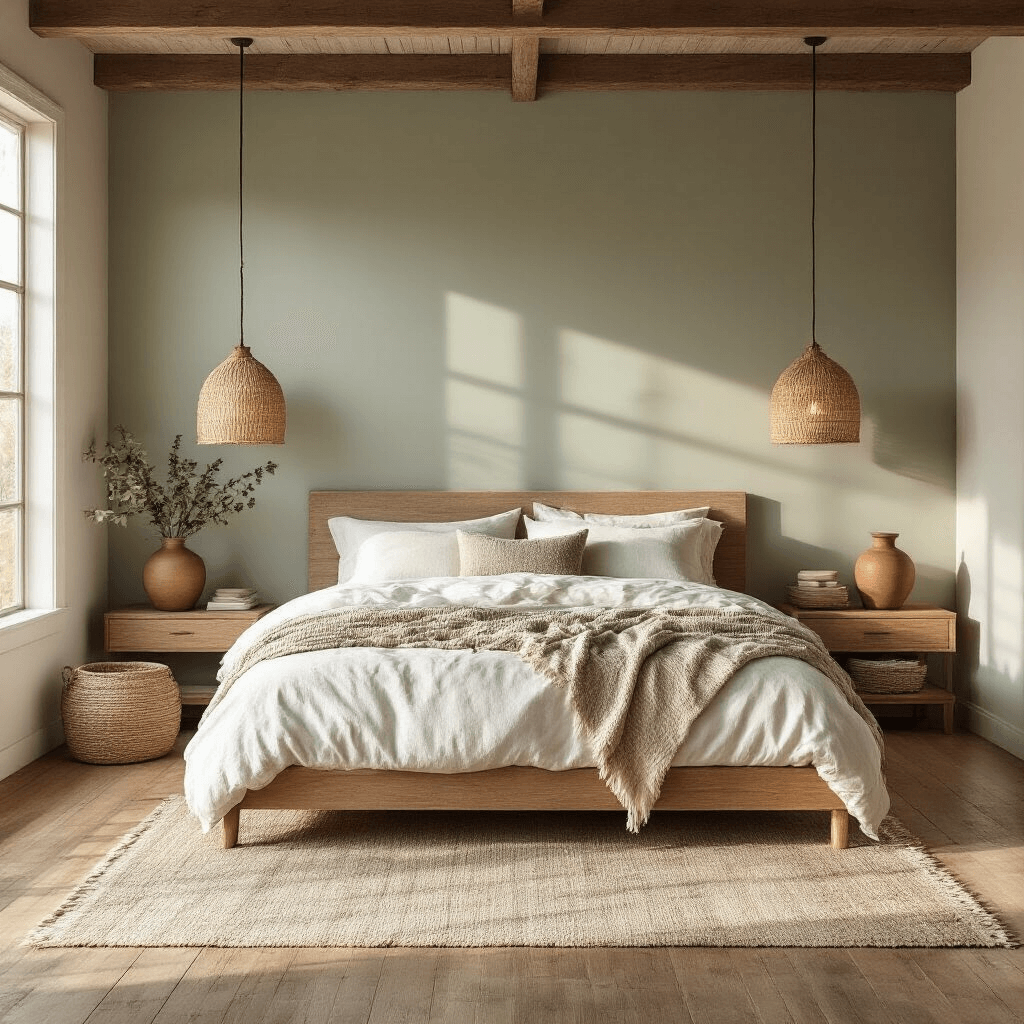Creating a Cozy Bedroom Sanctuary: Your Ultimate Guide to Comfort and Calm A serene rustic-modern bedroom featuring an upholstered platform bed with warm white linen sheets, textured throws, and a soft sage shiplap wall. Golden afternoon light casts natural shadows on hardwood floors, highlighting floating oak nightstands, woven pendant lights, and ceramic vessels with dried eucalyptus. A vintage kilim rug and seagrass storage solutions complete the cozy atmosphere.