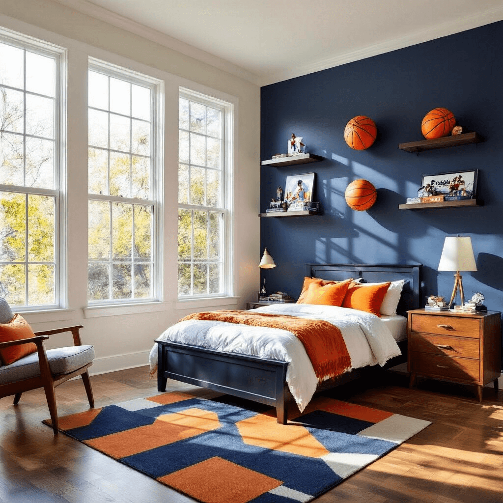 Epic Boys' Bedroom Ideas: Creating a Space They'll Love Spacious modern boy's bedroom with navy blue accent wall and basketball-themed decor, featuring large windows, a sturdy dark wooden bed, natural oak dresser, and geometric area rug, all illuminated by warm afternoon sunlight.