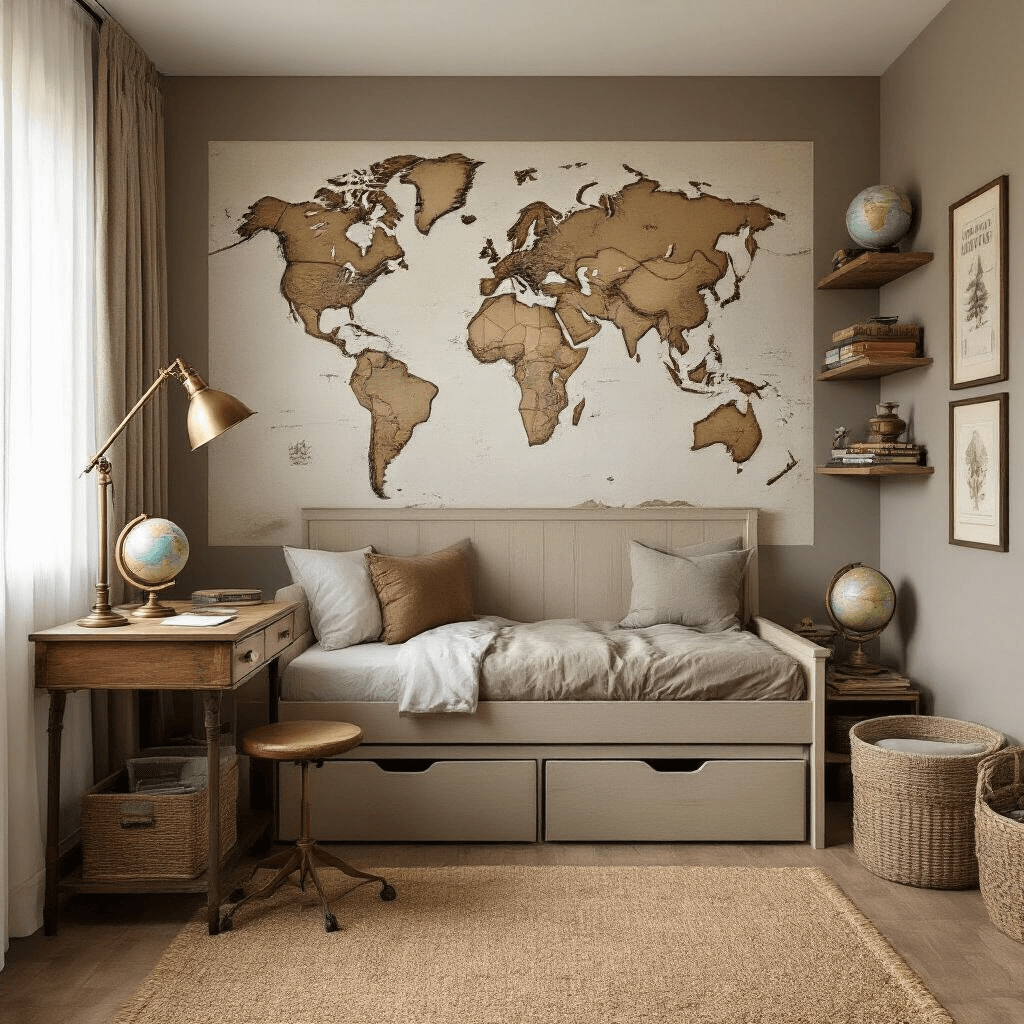 Epic Boys' Bedroom Ideas: Creating a Space They'll Love A cozy adventure-themed boy's bedroom featuring a world map mural, twin bed with beige frame, vintage desk with brass lamp and telescope, floating shelves with globes, and explorer-themed artwork, all bathed in soft morning light.