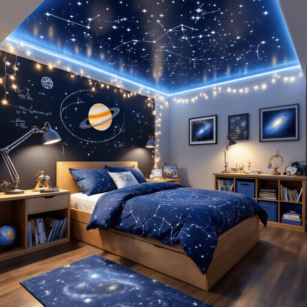 Epic Boys' Bedroom Ideas: Creating a Space They'll Love A science-themed bedroom featuring dramatic evening lighting, constellation-patterned astronomy bedding, an interactive chalkboard paint accent wall with solar system drawings, and modular storage for science books. The soft grey walls are adorned with framed space photography, complemented by a celestial-patterned rug on dark hardwood floors, creating a mysterious and educational atmosphere for a young scientist.