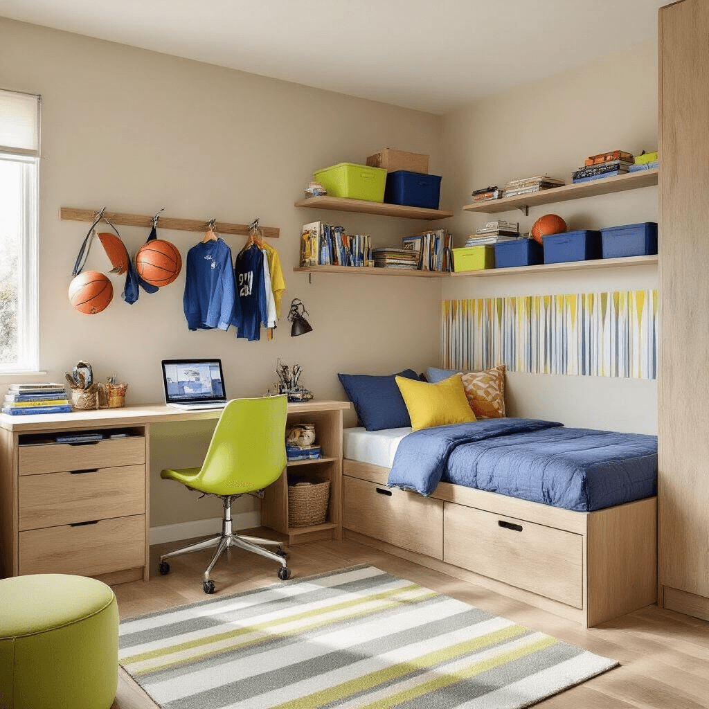 Epic Boys' Bedroom Ideas: Creating a Space They'll Love A contemporary boy's bedroom featuring bright natural light, wall-mounted organizers for sports equipment and books, multipurpose wooden furniture, neutral beige walls with colorful wallpaper accents, neatly arranged under-bed storage, floating shelves with decorative bins, and vibrant pops of lime green, royal blue, and sunshine yellow.
