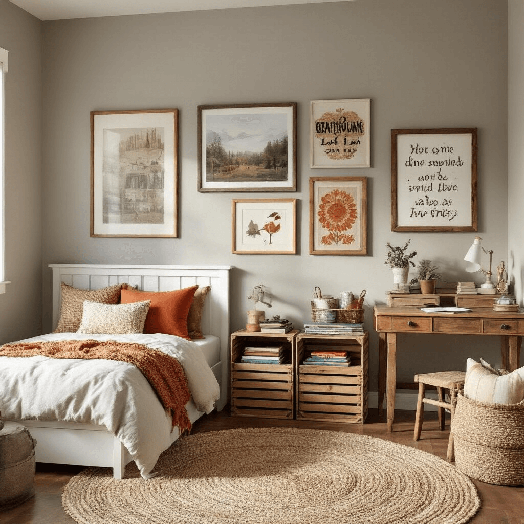 Epic Boys' Bedroom Ideas: Creating a Space They'll Love Cozy boy's bedroom bathed in warm afternoon light, featuring a gallery wall of personal photos and handmade art, repurposed wooden crate shelving, a simple white bed with textured throws, a vintage desk with inspirational art, and a neutral grey color scheme accented by vibrant pillows and a braided earth-toned rug.
