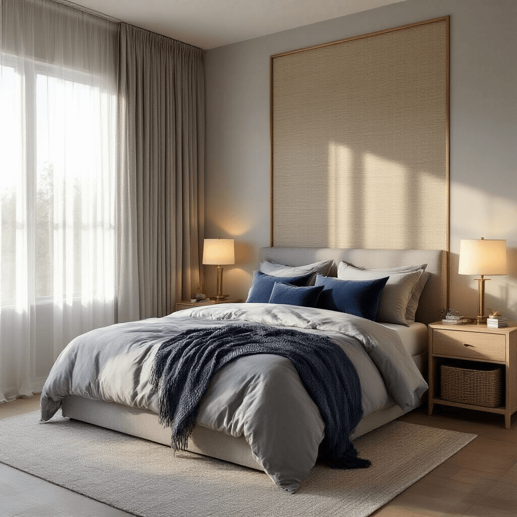 Creating the Perfect Grey Bedroom: A Comprehensive Design Guide Photorealistic modern bedroom featuring soft dove grey walls and a king bed with layered grey linens, accented by plush navy blue cushions and white oak nightstands. Warm golden hour sunlight filters through sheer curtains, illuminating a grasscloth accent wall, a chunky knit throw, and cozy woven basket storage. The scene captures a serene atmosphere with ambient glow from brass table lamps, shot from a corner angle at eye-level.