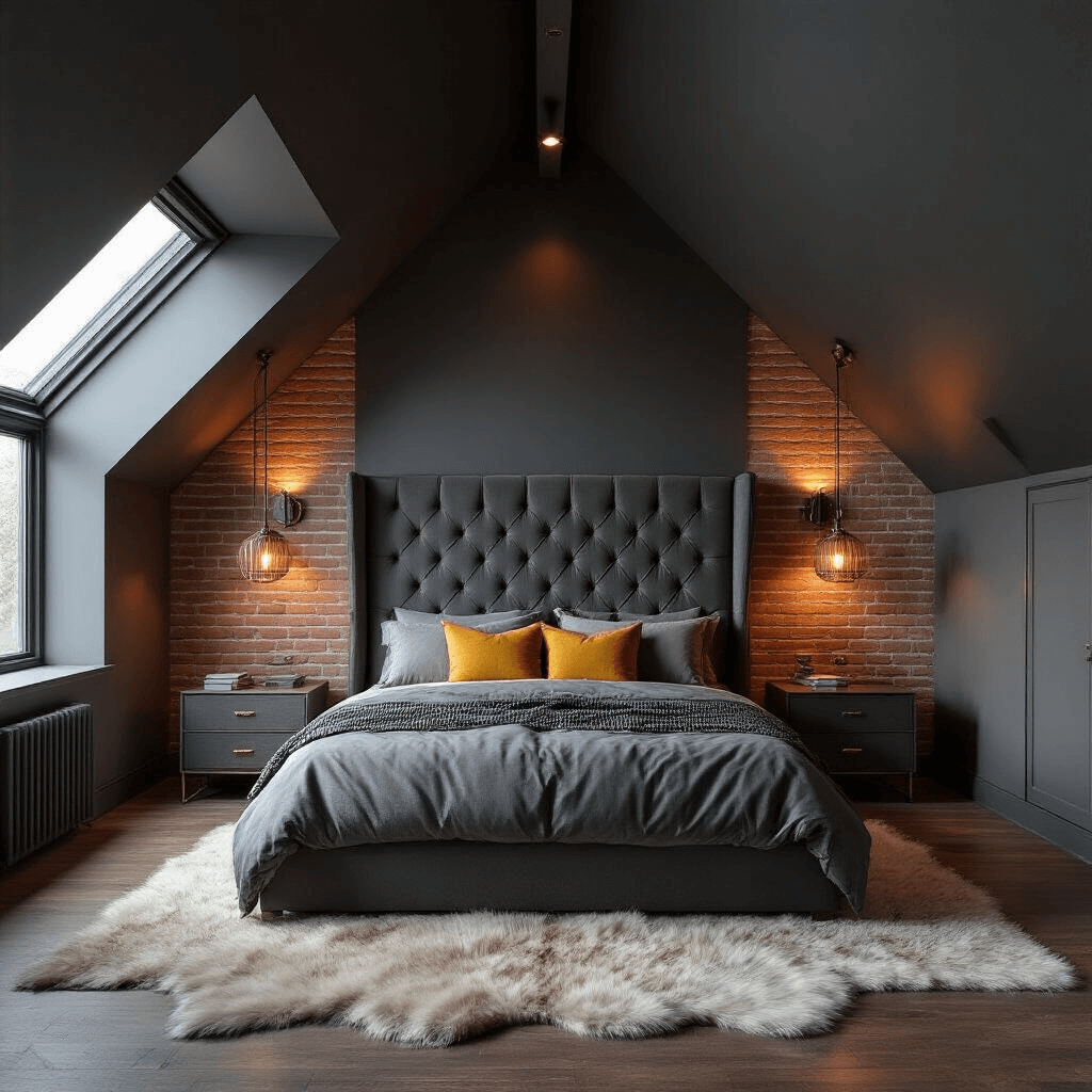Creating the Perfect Grey Bedroom: A Comprehensive Design Guide Intimate charcoal grey bedroom featuring a tufted headboard, copper and steel accents, and a fur area rug, illuminated by dramatic wall sconces and modern pendant lights, with an exposed brick accent wall and moody shadows.