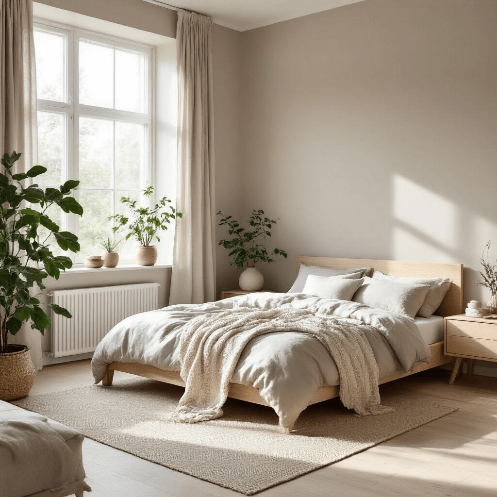 Creating the Perfect Grey Bedroom: A Comprehensive Design Guide A Scandinavian-inspired bedroom featuring soft taupe-grey walls and abundant natural light, with light blonde wood furniture, a minimalist platform bed with organic linen bedding, a textured cream throw blanket, potted green plants, and simple ceramic accessories, creating a cozy hygge atmosphere.