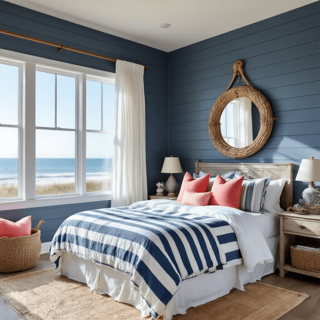 Creating the Perfect Grey Bedroom: A Comprehensive Design Guide A coastal-inspired grey bedroom featuring steel-blue walls, bright afternoon sunlight, weathered wood accents, and navy and white striped textiles, complemented by coral pink accent pillows, rope details, a driftwood mirror, seagrass baskets, and vintage brass nautical elements, with a shiplap feature wall and flowing white curtains, viewed from the foot of the bed.