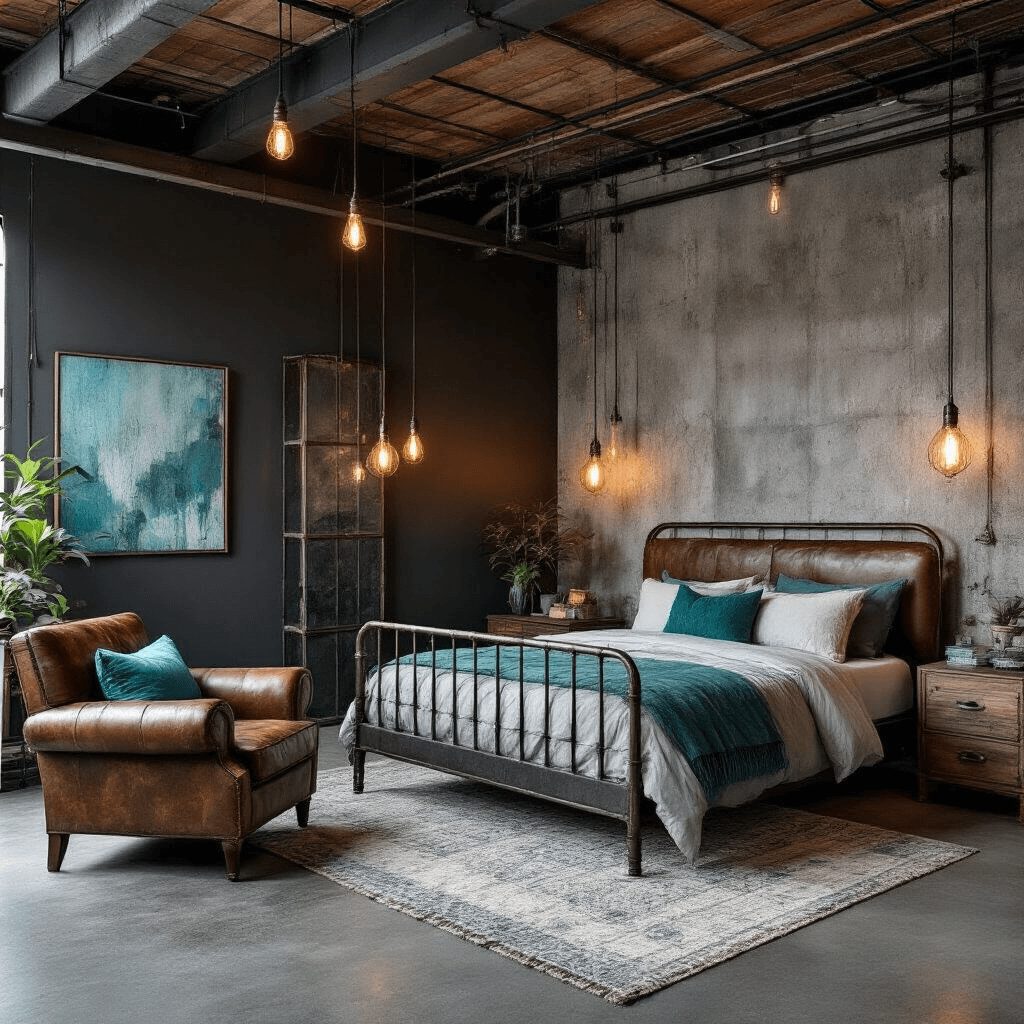 Creating the Perfect Grey Bedroom: A Comprehensive Design Guide A low angle view of an industrial chic bedroom featuring dark charcoal walls, exposed steel beams, and warm edison bulb lighting. The space includes a raw metal bed frame, a distressed leather accent chair, and a concrete accent wall. Vintage factory lighting complements weathered wood surfaces and geometric textile patterns, while teal accent colors are found in the artwork and throw pillows.