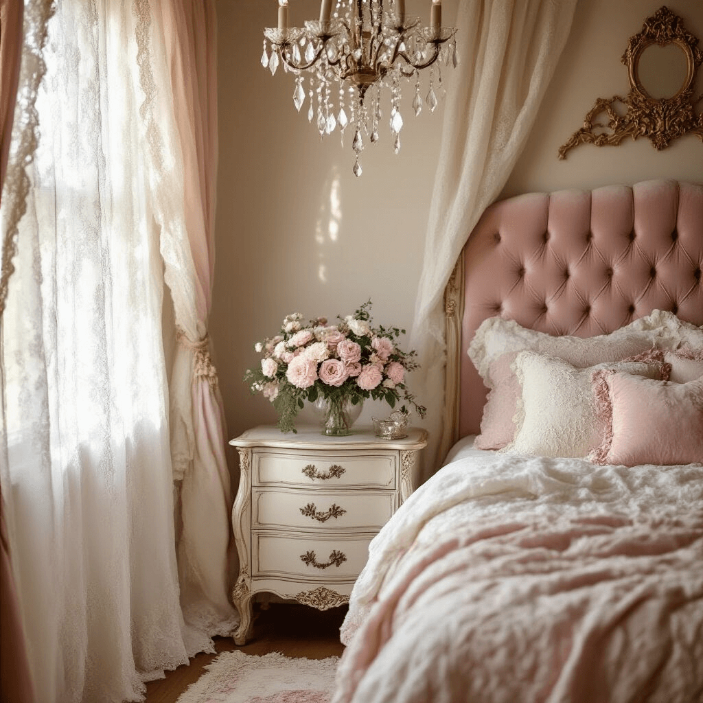 Aesthetic Bedroom Ideas 2025: Transform Your Space with Style and Comfort A vintage coquette feminine bedroom featuring soft afternoon light through lace curtains, an ornate antique nightstand with fresh flowers, a blush pink velvet tufted headboard, layered vintage quilts with lacy throw pillows, a sparkling crystal chandelier, and an ornate gold mirror, all styled in a romantic and luxurious manner from an elevated angle.