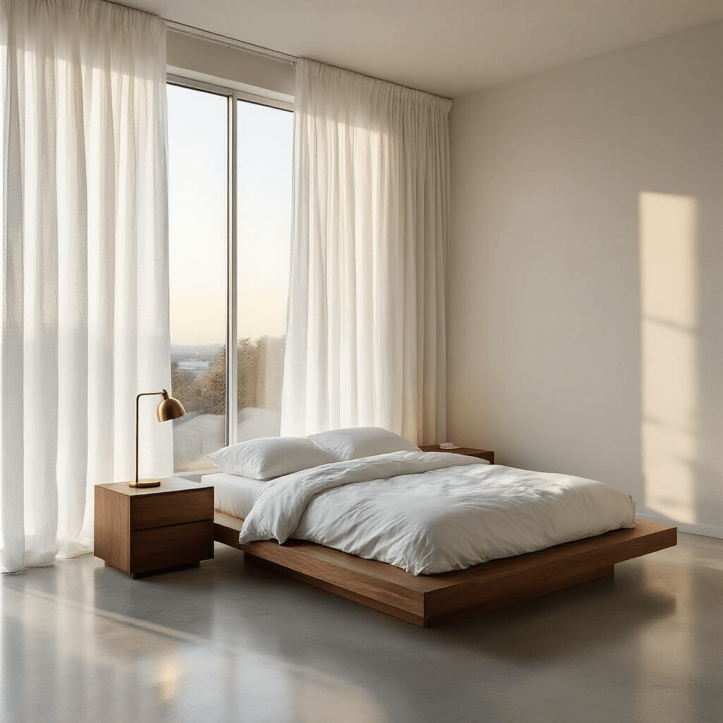 Ultimate Bloxburg Bedroom Design: Your Complete Guide to Stunning Virtual Room Styling A modern minimalist bedroom with floor-to-ceiling windows, golden hour sunlight illuminating polished concrete floors, a low platform bed with white bedding, a walnut nightstand, and a brass table lamp, all in a neutral palette with clean lines and a serene atmosphere.