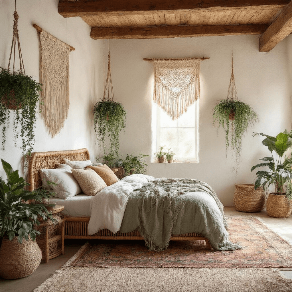 Ultimate Bloxburg Bedroom Design: Your Complete Guide to Stunning Virtual Room Styling A cozy boho dreamscape bedroom featuring exposed wooden beams and textured white walls, softly lit by morning light filtering through a macrame window hanging. The rattan bed frame is adorned with layered earth-tone textiles, complemented by a vintage Persian rug and hanging plants in woven baskets, all in a terracotta, sage green, and cream color palette. Various textures of jute, cotton, and wood add to the warm, intimate atmosphere.