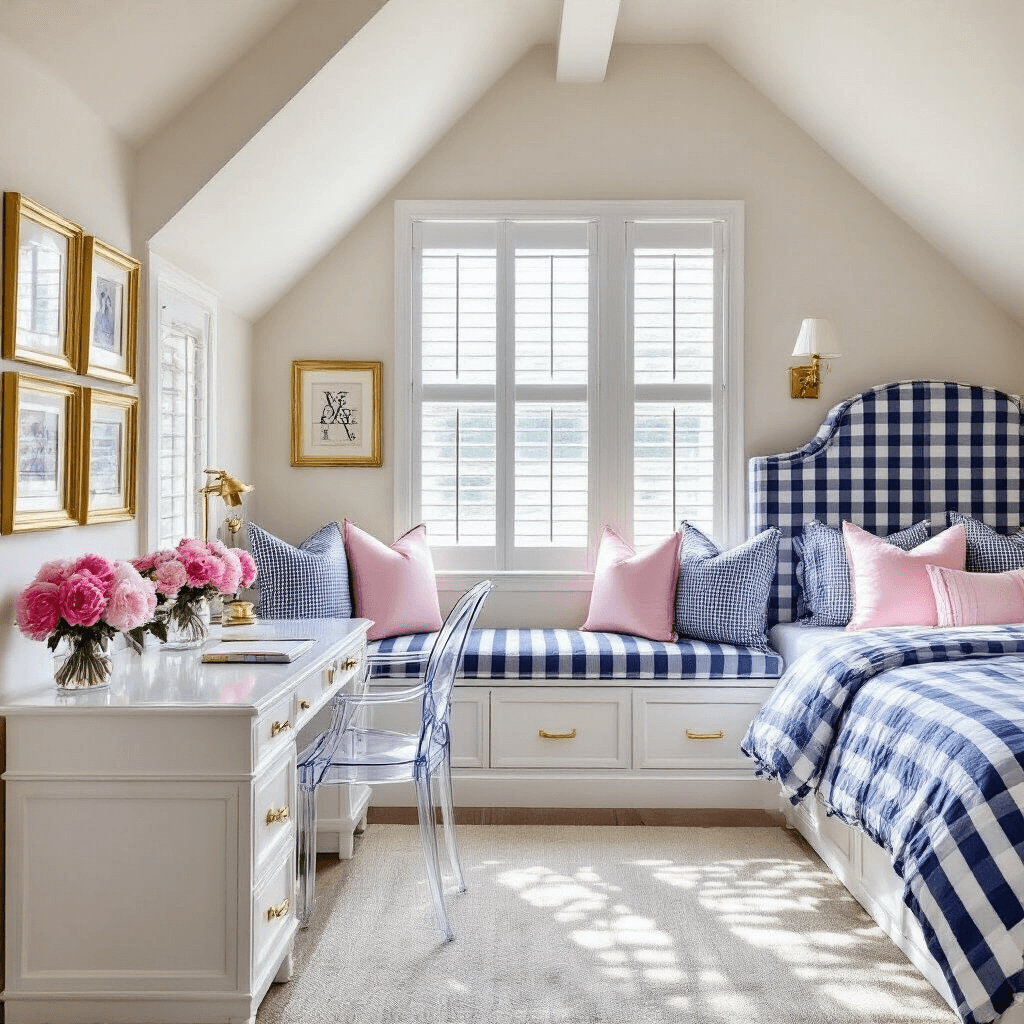 Ultimate Bloxburg Bedroom Design: Your Complete Guide to Stunning Virtual Room Styling A preppy chic teenage bedroom featuring a vaulted ceiling and built-in window seat, illuminated by bright afternoon light through plantation shutters. The room includes a navy gingham upholstered headboard, a white lacquer desk with an acrylic chair, and a gallery wall adorned with gold frames. Decorated in pink, navy, white, and gold accents, the space features monogrammed pillows, fresh peonies, and striped textiles, creating an energetic atmosphere.
