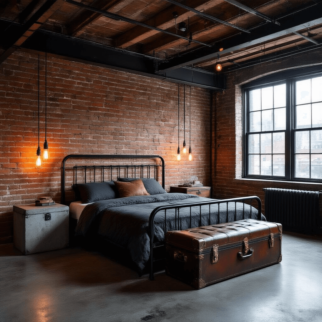 Ultimate Bloxburg Bedroom Design: Your Complete Guide to Stunning Virtual Room Styling Industrial loft bedroom showcasing exposed brick walls and a steel beam ceiling, featuring a black metal bed frame, leather bench, and vintage trunk under dramatic evening lighting with Edison bulb string lights and neon accents, all set in a charcoal, rust, and copper color palette.