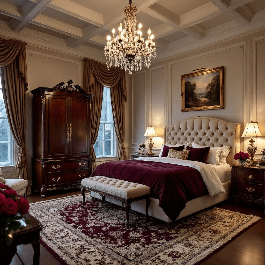 Ultimate Bloxburg Bedroom Design: Your Complete Guide to Stunning Virtual Room Styling A luxurious master bedroom featuring a tufted velvet headboard, antique mahogany armoire, and a Persian silk rug, all illuminated by warm lamplight during blue hour. The space boasts crown molding, a coffered ceiling, a crystal chandelier, and a deep burgundy, gold, and ivory color palette, enhanced by silk drapery, oil paintings, and fresh roses.