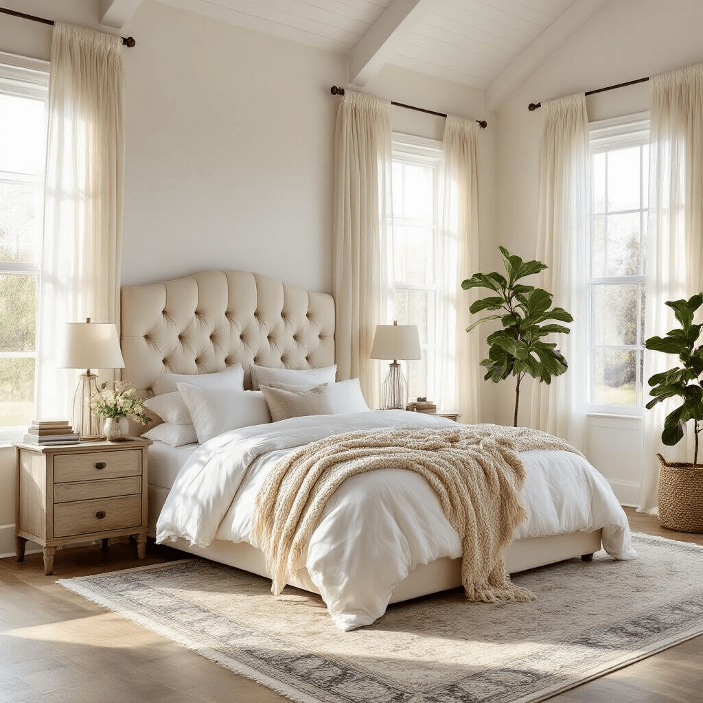 Creating the Perfect White Bedroom: A Comprehensive Design Guide A serene photorealistic white bedroom with a tufted cream headboard, crisp white bedding, and weathered oak nightstands, bathed in golden hour sunlight streaming through sheer linen curtains, featuring a Persian rug and a potted fiddle leaf fig in the corner.