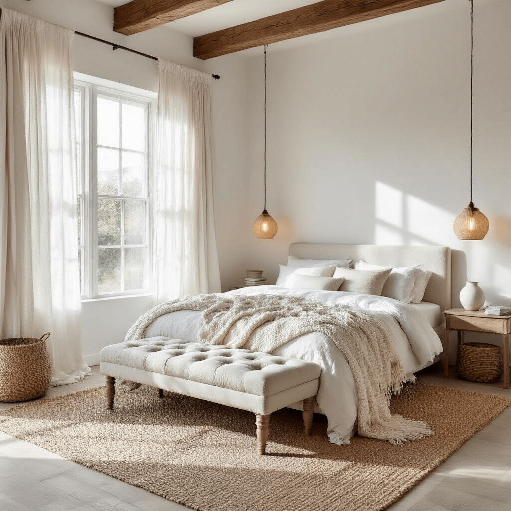Creating the Perfect White Bedroom: A Comprehensive Design Guide Modern white bedroom with textured layers, featuring exposed wooden beams, afternoon light through gauze curtains, a platform bed with woven linen sheets and a cable-knit ivory throw, a tufted velvet bench, jute rug, and ceramic lamps with warm Edison bulbs, shot from a corner angle highlighting soft shadows and a cozy hygge atmosphere.
