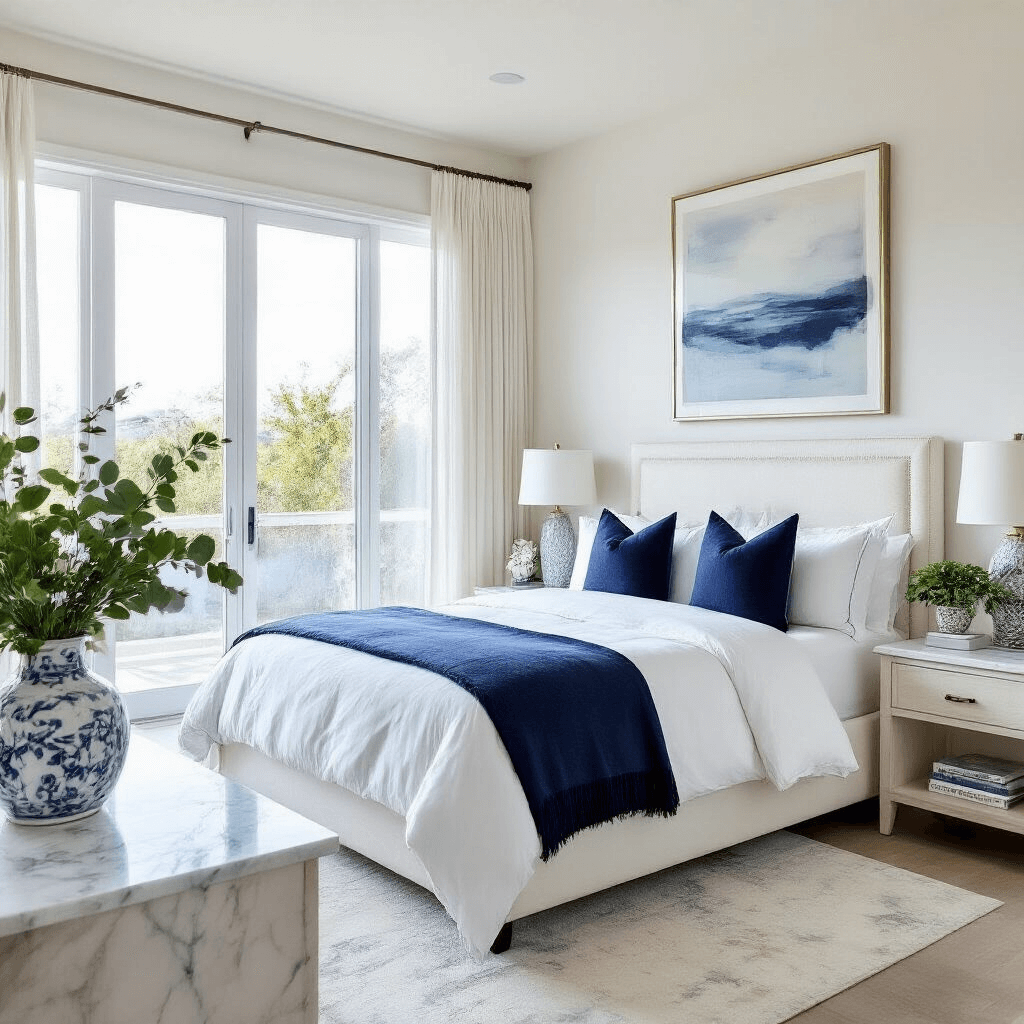 Creating the Perfect White Bedroom: A Comprehensive Design Guide Elegant white master bedroom featuring a white upholstered headboard, navy blue throw pillows, and marble-topped nightstands, bathed in morning light from floor-to-ceiling windows, with fresh eucalyptus and muted blue artwork adding coastal accents.