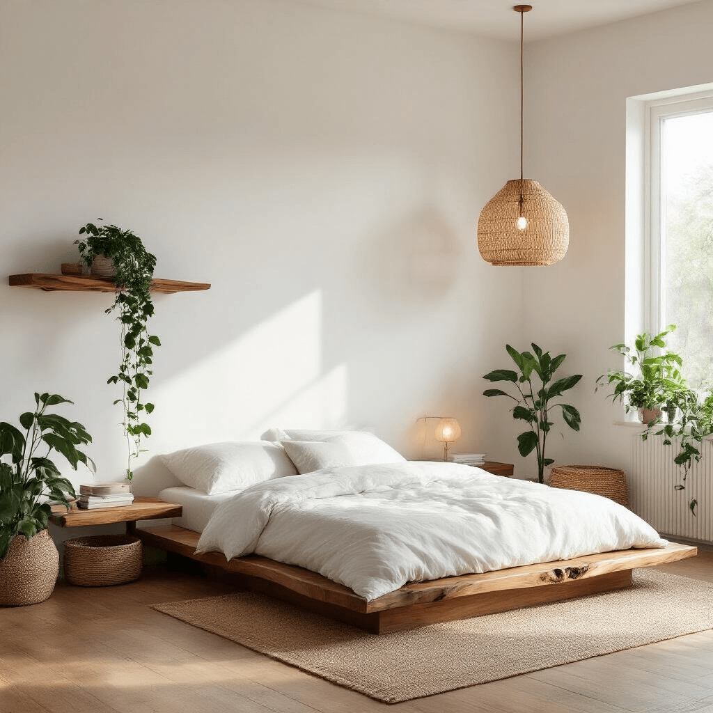 Creating the Perfect White Bedroom: A Comprehensive Design Guide Minimalist white bedroom with hardwood floors and soft evening light, featuring a low platform bed with organic cotton linens, a live-edge walnut floating nightshelf, woven seagrass baskets, and trailing pothos plants, all illuminated by a bamboo pendant light from a low corner angle, conveying a zen-like tranquility.
