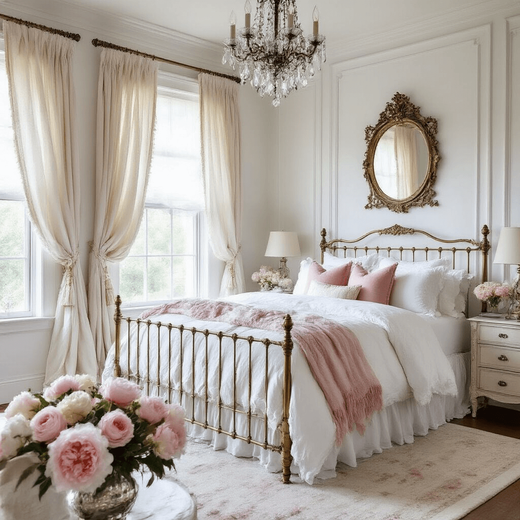 Creating the Perfect White Bedroom: A Comprehensive Design Guide A romantic white bedroom with crown molding and dawn light streaming through billowing curtains, featuring an antique brass bed frame dressed in layered white bedding and blush pink accent pillows, vintage mirror, crystal chandelier, and fresh peonies in mercury glass, captured from an elevated angle at the foot of the bed.