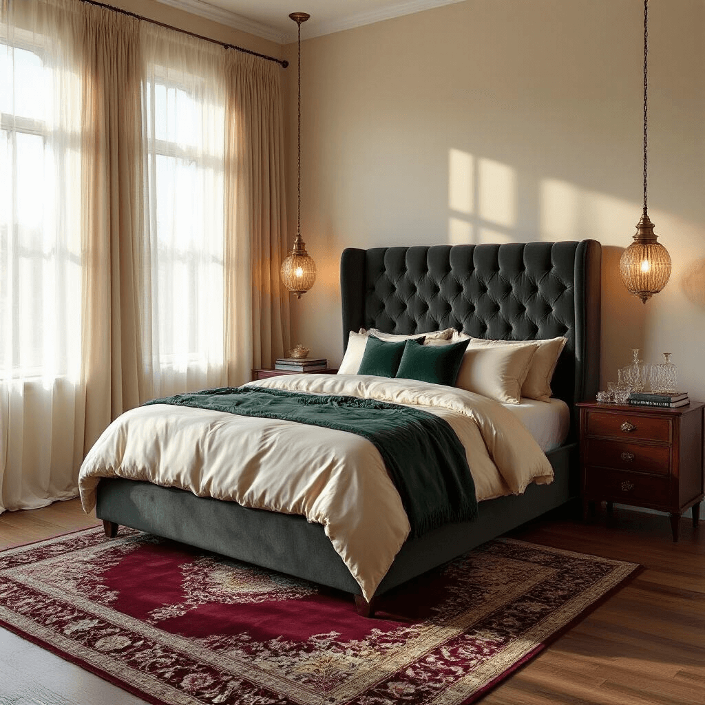 Luxurious bedroom featuring a tufted charcoal velvet platform bed with cream silk sheets and emerald throw pillows, bathed in warm golden hour light through sheer curtains, with polished oak floors, vintage brass pendant lights, and a plush deep burgundy Persian rug, accented by mahogany nightstands with crystal decanters and leather-bound books.