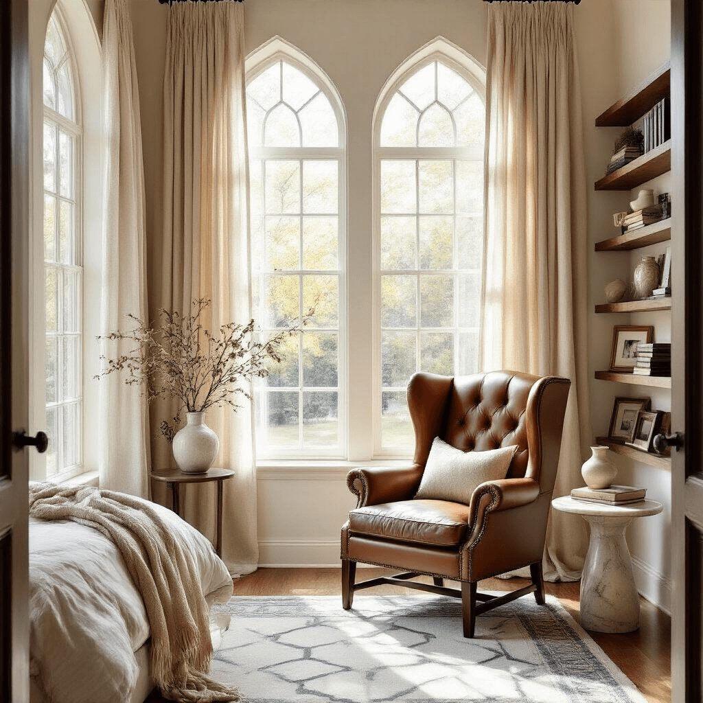 Elegant bedroom reading nook featuring a cognac leather wingback chair beside tall arched windows, illuminated by morning sunlight filtering through linen curtains. Walnut floating shelves showcase curated books and ceramic vases, while a cashmere throw drapes over the chair arm. A marble-topped side table holds a vintage lamp, and hardwood floors are complemented by a muted blue geometric area rug. Personal photographs in gold frames enhance the intimate atmosphere, captured in bright natural lighting from a medium shot at the doorway.