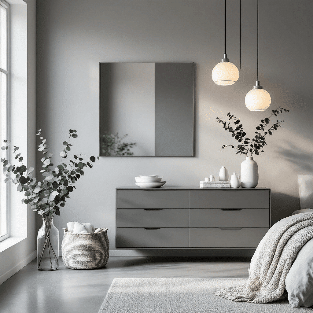 A sophisticated monochrome bedroom with a sleek modern dresser, illuminated by soft dawn light, featuring textured grey walls, polished concrete floors, and minimalist decor including white ceramic accessories, silver-framed mirrors, and fresh eucalyptus branches.