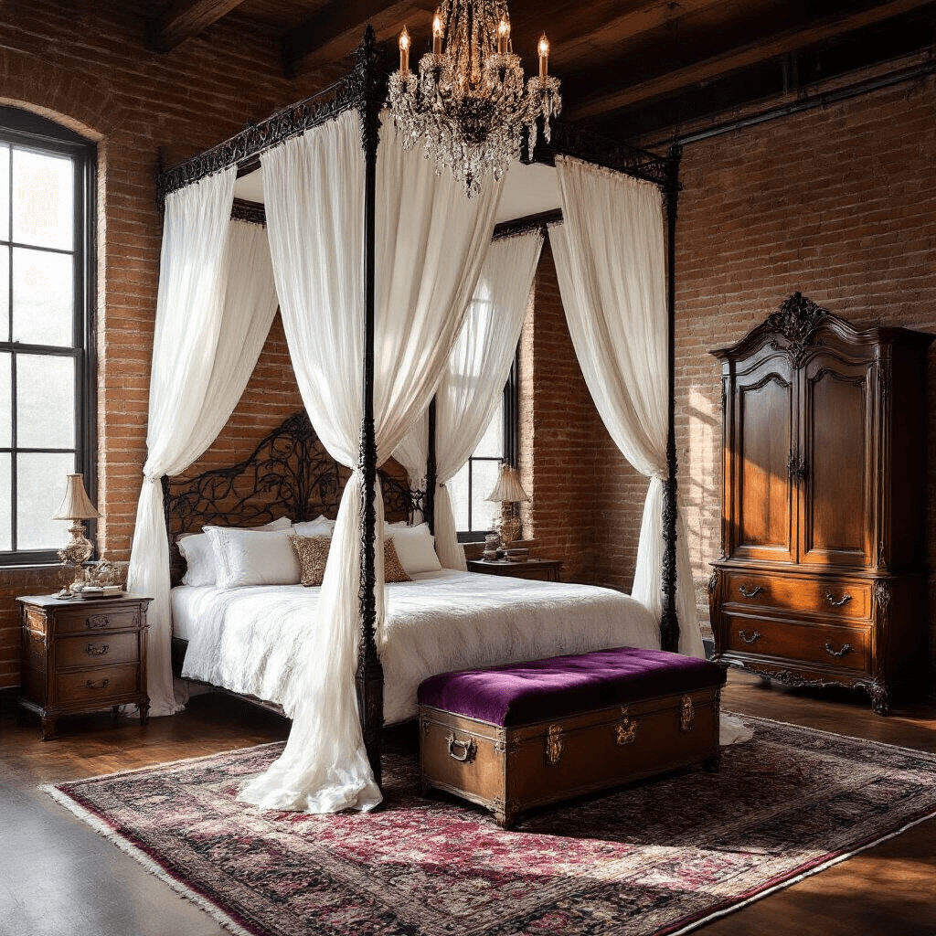 A dramatic bedroom featuring a wrought iron canopy bed with flowing white curtains, vintage trunk at the foot, ornate Persian rugs on dark hardwood, and a crystal chandelier, all illuminated by warm late afternoon light that casts soft shadows on exposed brick walls.