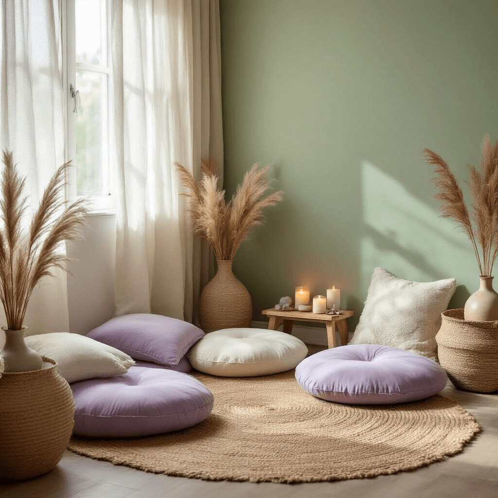 Intimate bedroom meditation corner featuring plush lavender and cream floor cushions, a sage green accent wall, and morning light filtering through gauze curtains, with a natural jute rug, small wooden altar with candles and crystals, woven basket storage, and dried pampas grass in a ceramic vase, all creating a calming atmosphere.