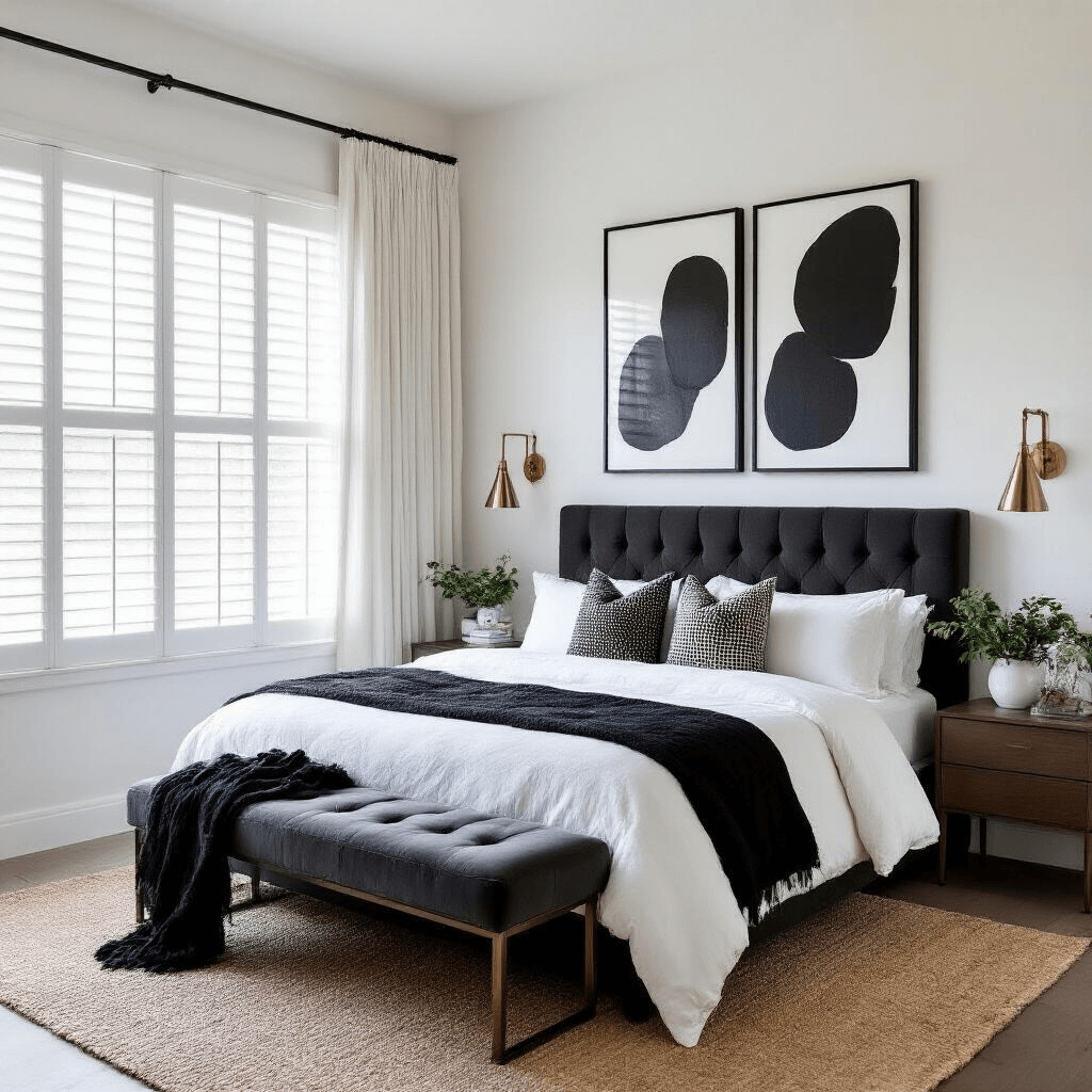 Contemporary bedroom featuring floor-to-ceiling windows, white walls adorned with oversized black and white abstract art, a tufted charcoal headboard, and luxurious bedding; the serene space includes a jute area rug, velvet bench, and chrome sconces, all illuminated by soft morning light filtering through white plantation shutters.