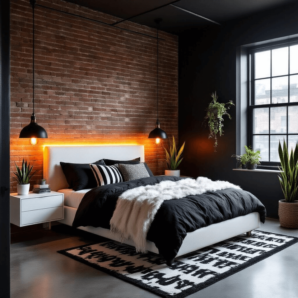 Compact urban bedroom featuring an exposed brick accent wall painted matte black, warm ambient LED strip lighting, a white upholstered bed with mixed black and white bedding, floating white oak nightstands, and black industrial pendant lights. The decor includes striped throw pillows, a faux fur blanket, and potted snake plants, all over polished concrete floors with a graphic black-and-white rug, captured from a doorway angle with dramatic chiaroscuro lighting for a cozy atmosphere.