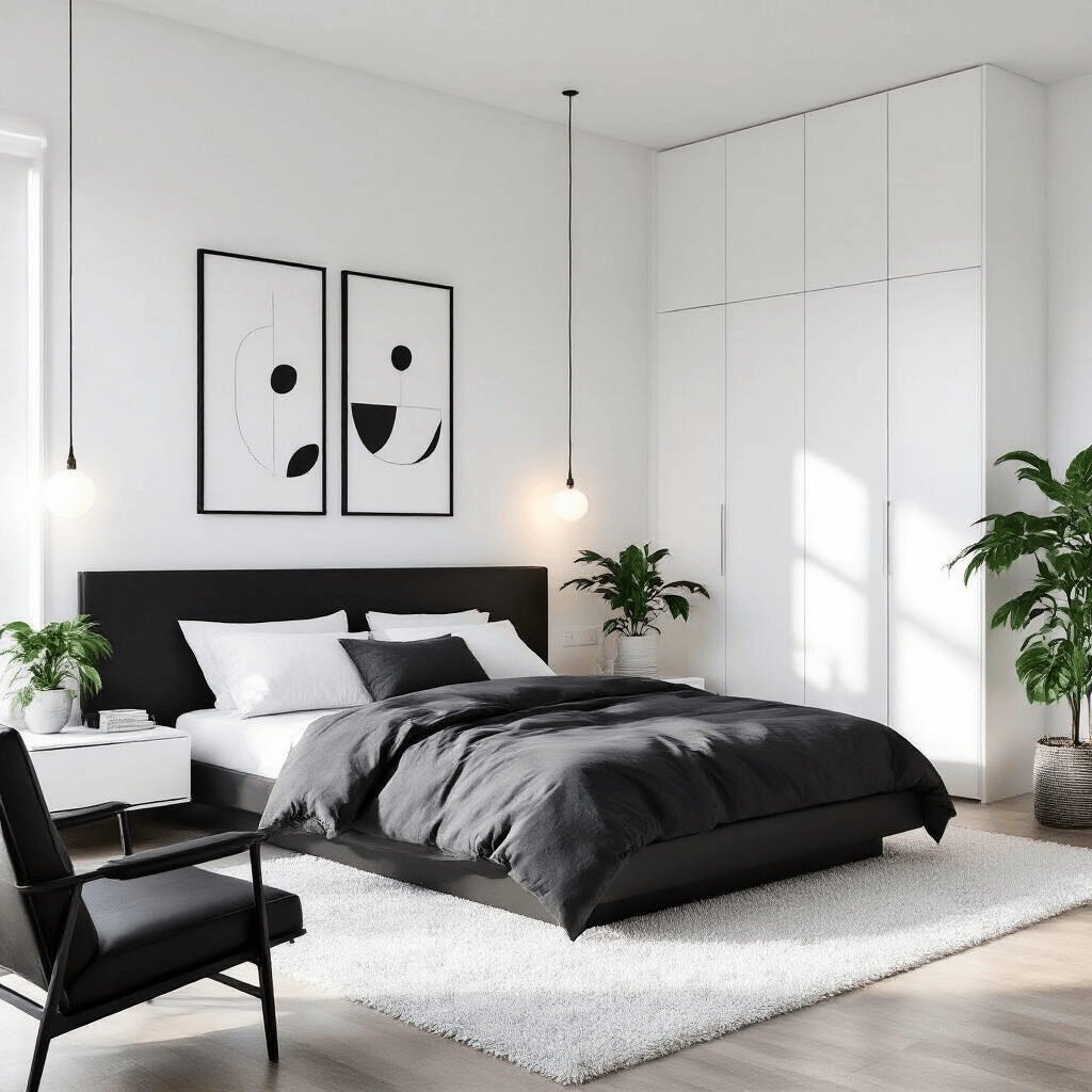 Modern minimalist bedroom with floor-to-ceiling built-ins, low-profile black platform bed, white shag rug, and potted monstera plants, illuminated by soft morning light from an elevated corner angle.