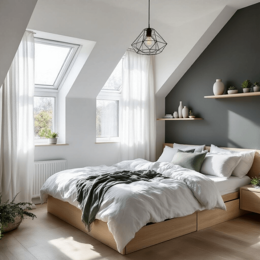 Modern Scandinavian attic bedroom featuring soft morning light, sheer white curtains, a minimalist oak bed frame with white linens, a charcoal gray accent wall, built-in storage, floating shelves with vases, a sage green throw pillow, and a geometric pendant light, all captured in a wide-angle shot highlighting the clean lines and airy atmosphere.
