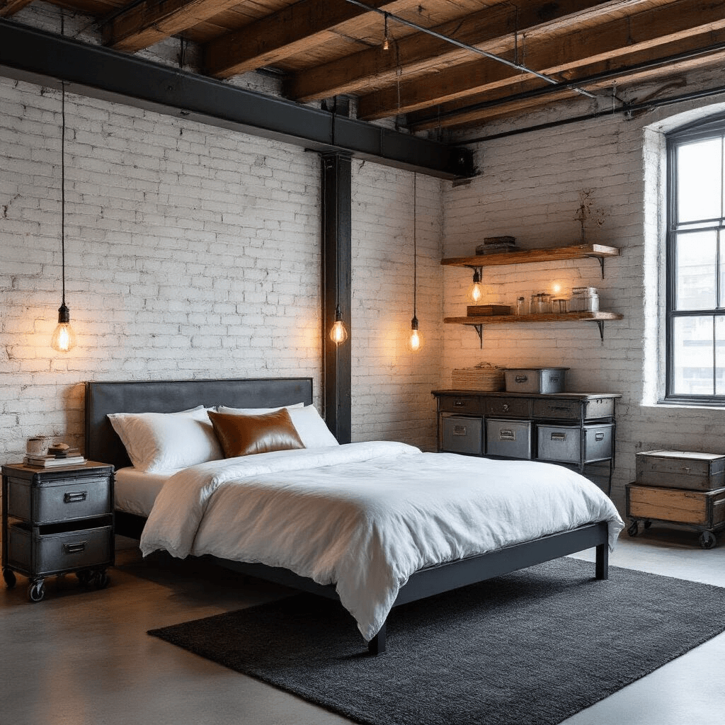 Industrial-chic attic bedroom featuring black steel beams, whitewashed brick walls, Edison string lights, a dark gray platform bed, vintage factory cart nightstand, and concrete floors with a charcoal rug, captured in moody lighting.