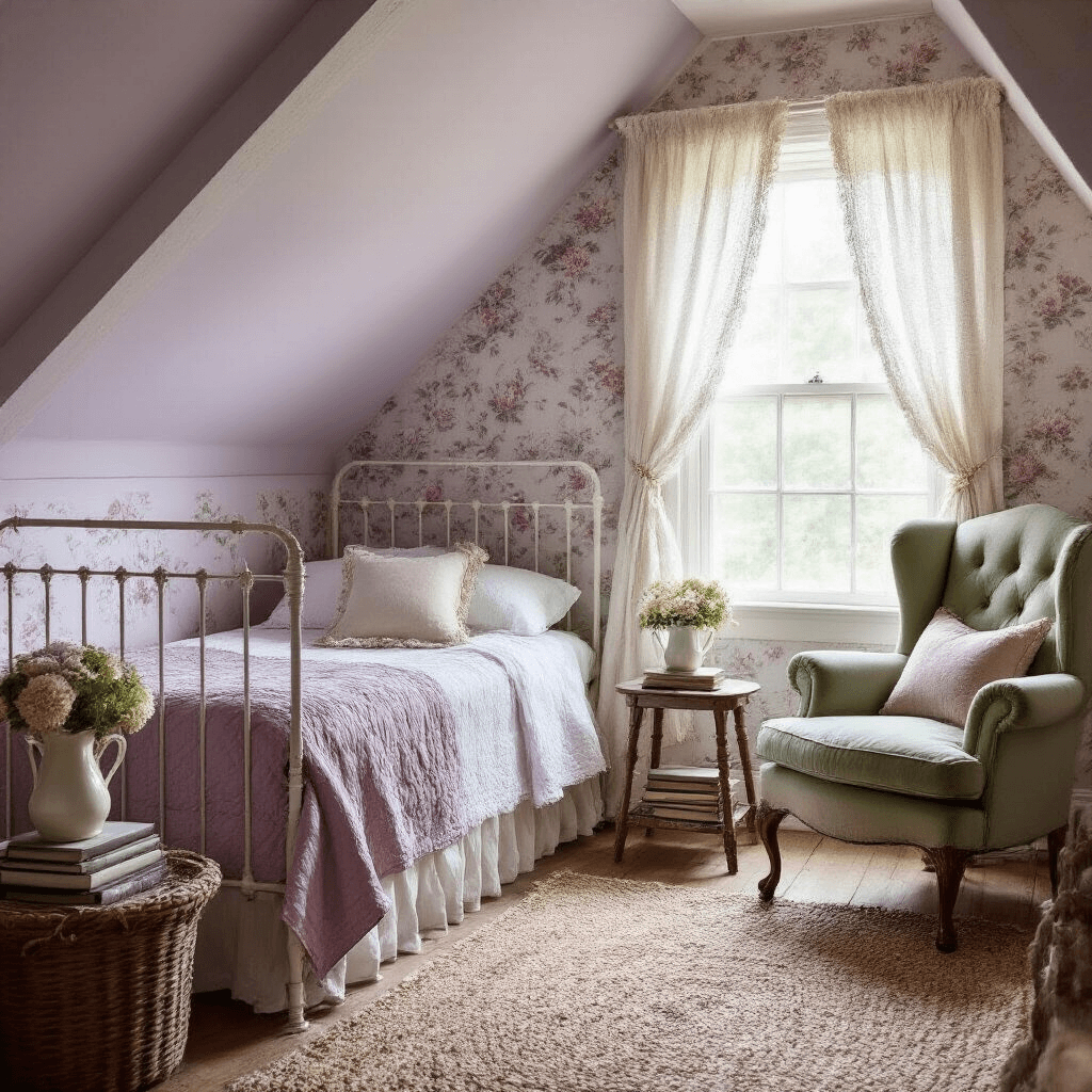 Cottage-style attic bedroom nook with pale lavender walls, vintage floral wallpaper, antique white iron bed, quilted dusty rose coverlet, sage velvet wingback chair, and delicate lace curtains, bathed in soft afternoon light.