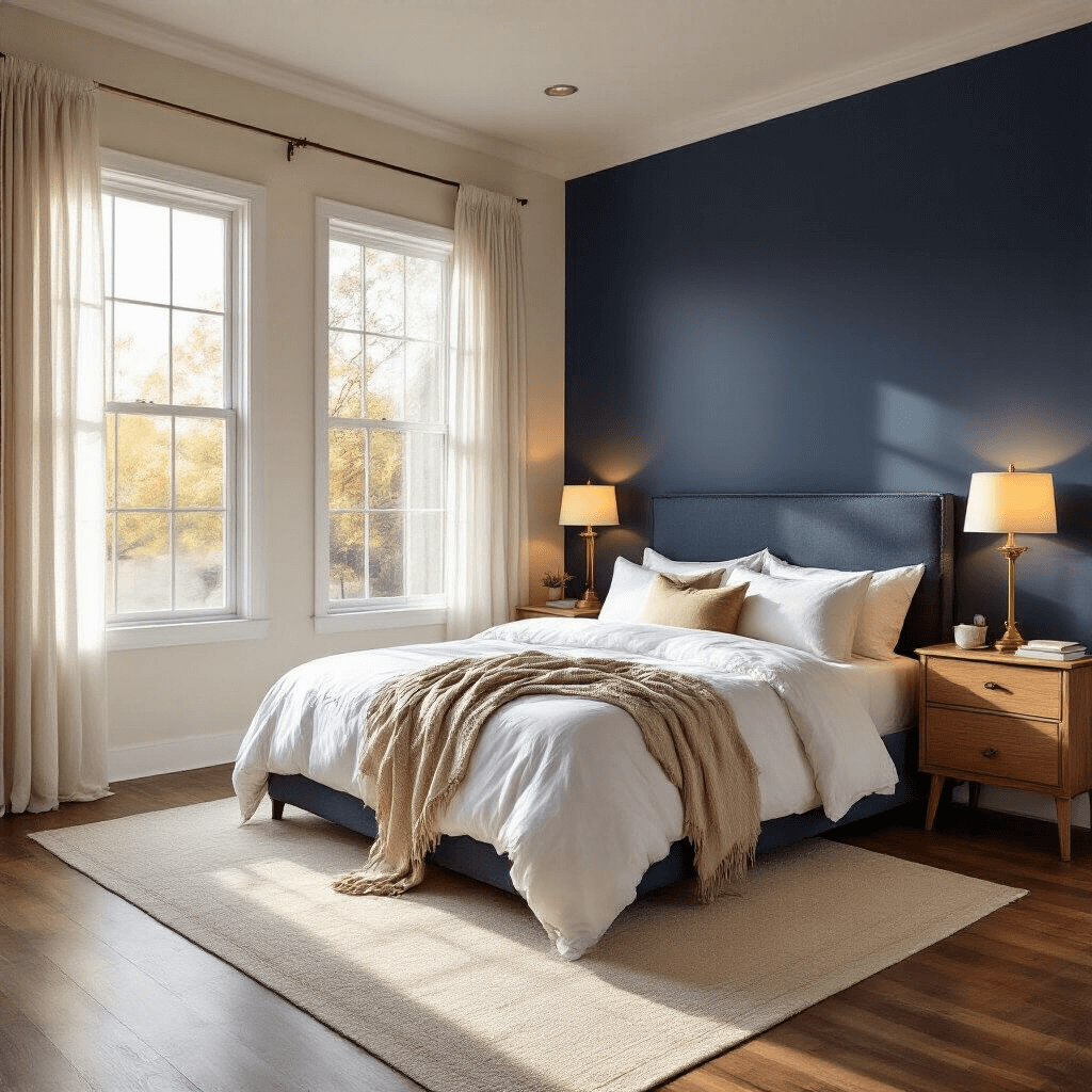 A photorealistic master bedroom at golden hour, featuring a king bed with a navy accent wall, layered white bedding, natural oak nightstands with warm brass lamps, hardwood floors, and a cream area rug, all illuminated by soft amber sunlight filtering through sheer curtains.