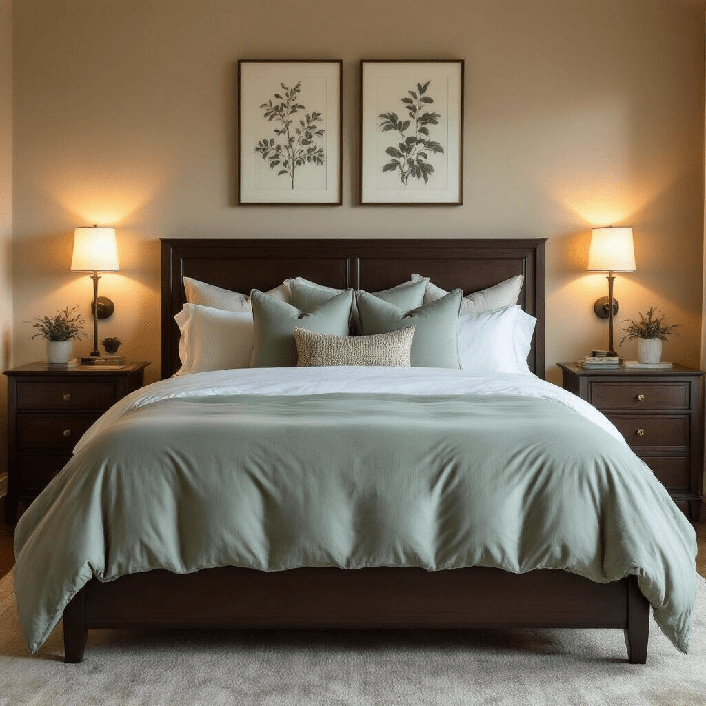 Luxurious bedroom at twilight with king bed dressed in ivory sheets and sage green duvet, dark walnut furniture, and ambient sconces, featuring botanical artwork above the headboard, creating a cozy, sophisticated atmosphere.
